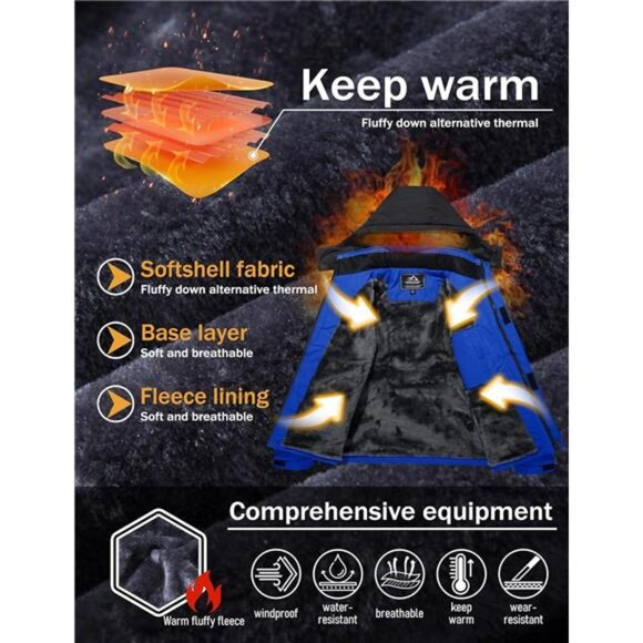 Men's Winter Coats Water Resistant Ski Snow Jacket Warm Fleece Jacket Raincoats - Picture 3 of 7